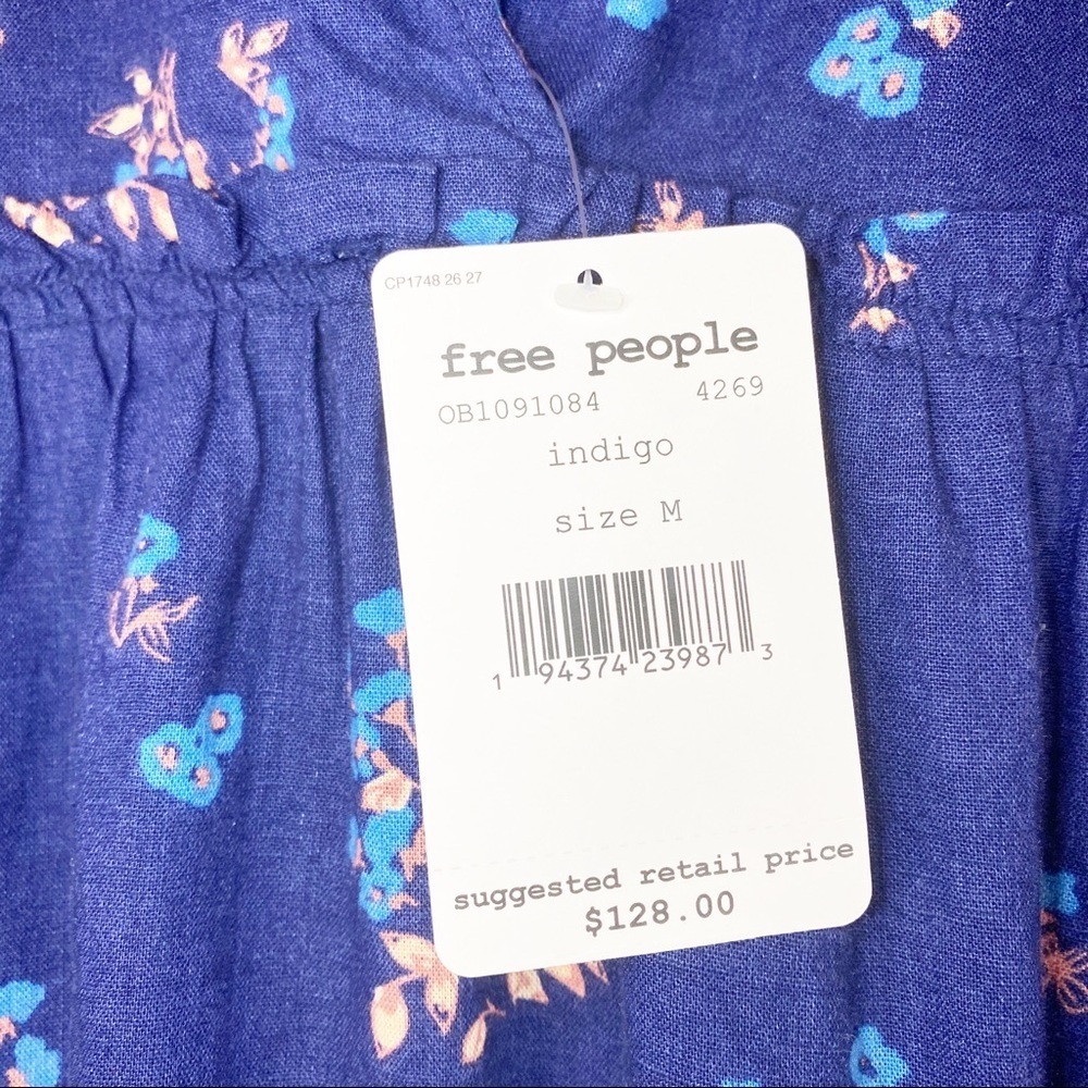 NEW Free People Petit Fours Indigo Blue Floral Linen Mini Dress M - Picture 9 of 11